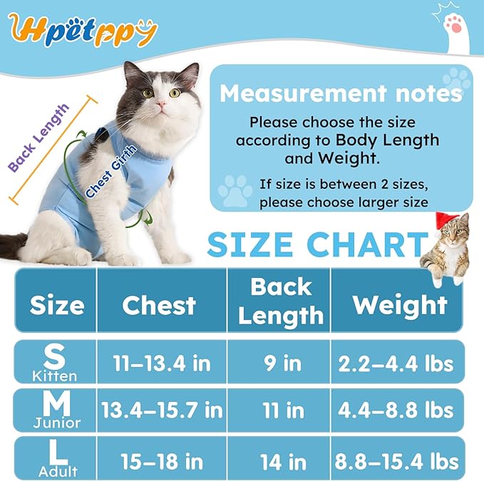 Cat Recovery Suit, Kitten Surgical Bodysuit for Abdominal Wound Anti Licking After Surgery, Pet Surgical Recovery Snugly Suit Cat Spay Recovery Suit Female for Small Male Female Cats Blue L