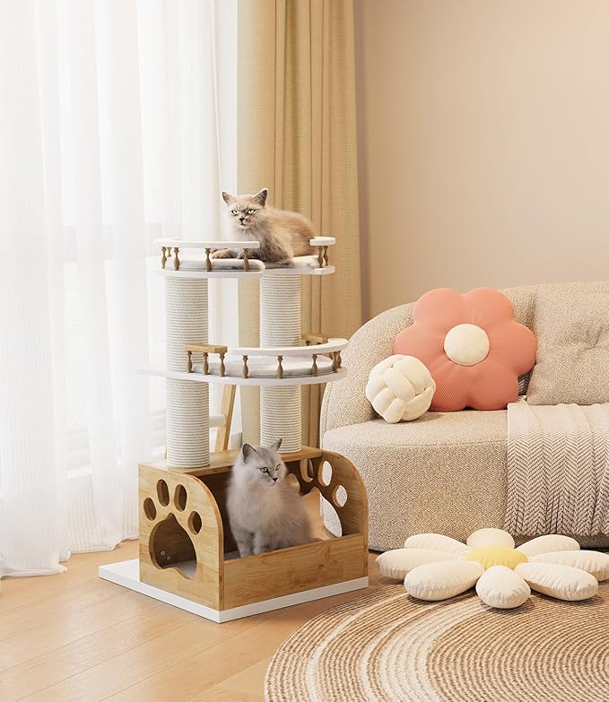 Modern Cat Tree, Solid Wooden Cats Tower, 37" Luxury Cats Trees Condo for Large Cat, Multi-Level Cat Tree Tower Natural Cat House Furniture, with Scratching Posts, Removable Washable Cushions