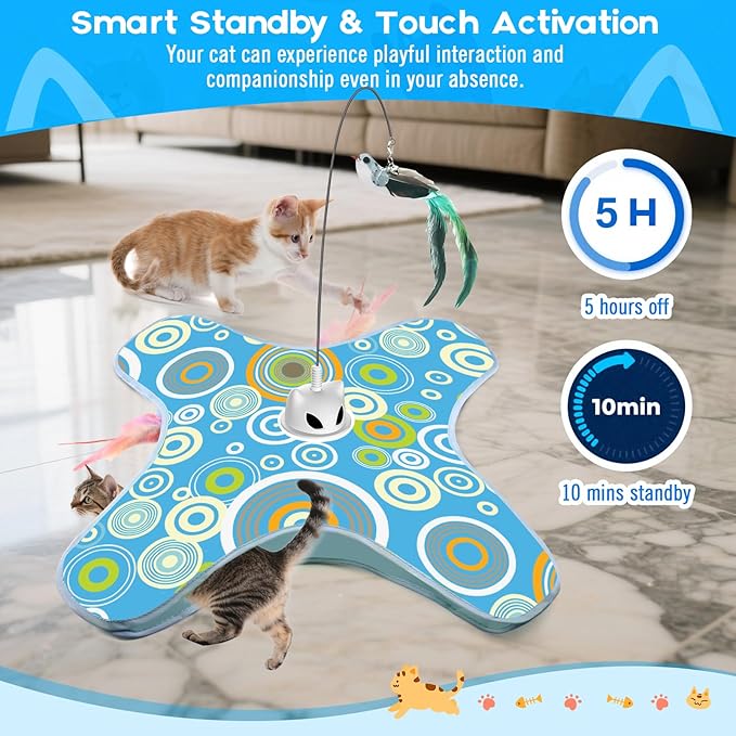 VIWIK Hide and Seek Toys for Indoor Adult Cats with Suction Cup & Cover, Interactive Automatic Moving Concealed Feather Kitten Wand Bird Toy, Cat Enrichment Toys for All Breeds Blue