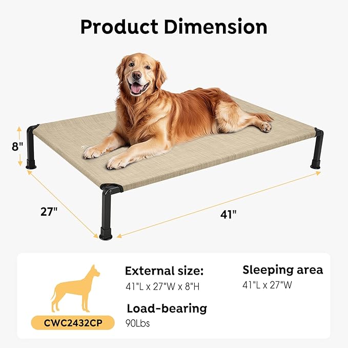 Veehoo Heavy Duty Elevated Dog Bed - Raised Bed with Washable & Breathable Teslin Mesh, Non-Slip Silicon Feet, Cooling Dog Cot, Indoor/Outdoor Use, 41" x 27", Beige Coffee