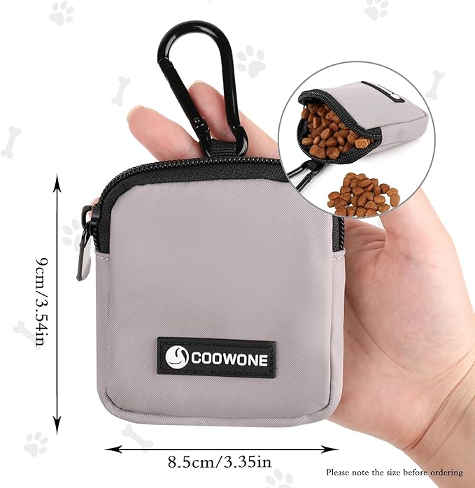 Dog Treat Pouch 2 PCS, Waterproof Small Dog Treat Bag for Leash, Hands Free Dog Walking Bag with Carabiner, Dog Poop Bag Holder for Pet Puppy Travel or Outdoor Use, Zipper Closure to Avoid Spilling