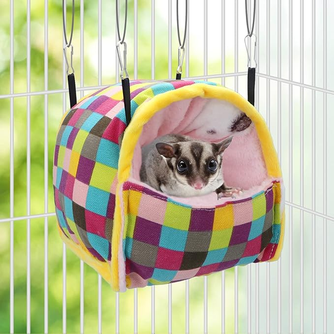 Wontee Hamster Bed Hideout Sugar Glider Hammock Small Animal Warm Bed House for Hamsters Hedgehogs Sugar Glider Gerbils Mice (Large, Colorful Plaid)