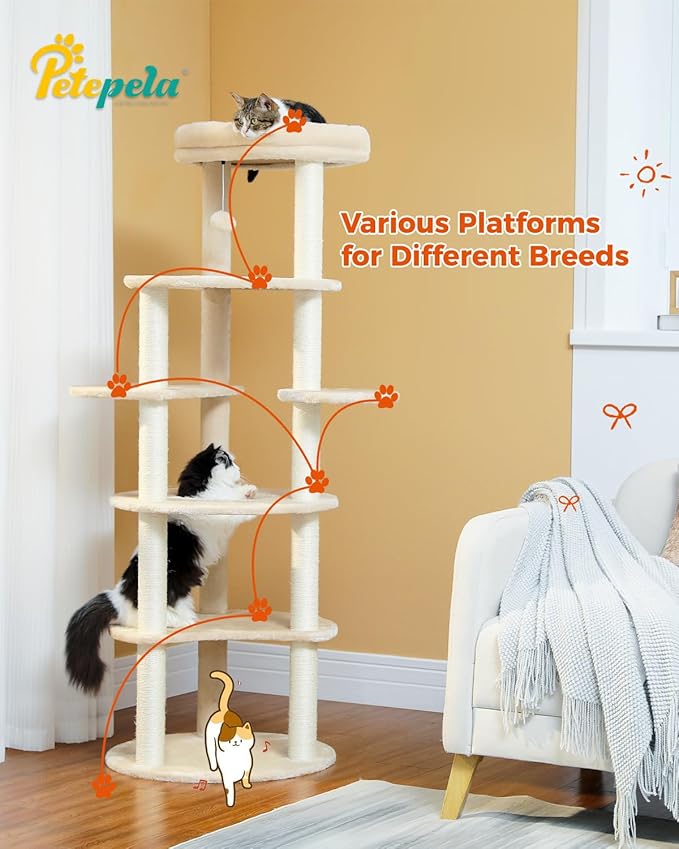 PETEPELA 61" Cat Tree for Indoor Cats, [6-Levels] Cat Climbing Tower with 9 Sisal Scratching Posts and Replaceable Dangling Ball &Top Perch, Beige