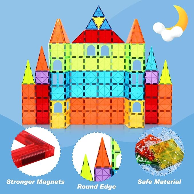 32-Pack Magnetic Tiles–Rainbow Builder Set, 2.95in STEM Construction Kit with Transparent Windows, Expand Creative Play for Kids