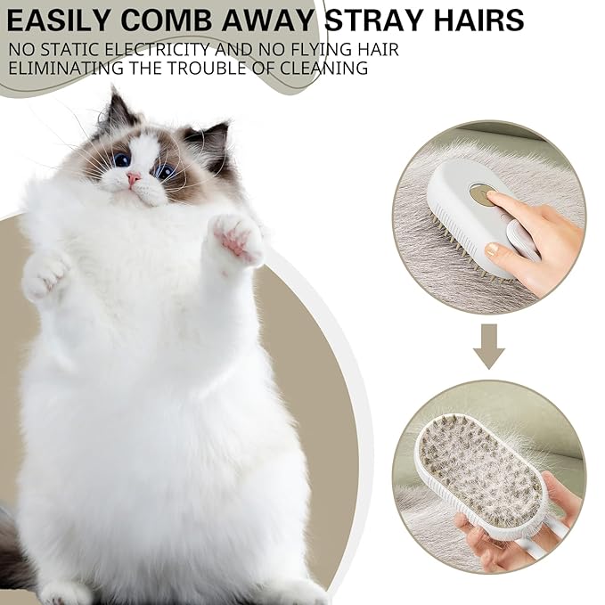 Steamy Pet Brush - Convenient Hair Removal, Easy Collection, Massage Function - Ideal Steam Brush for Cats! (White)1
