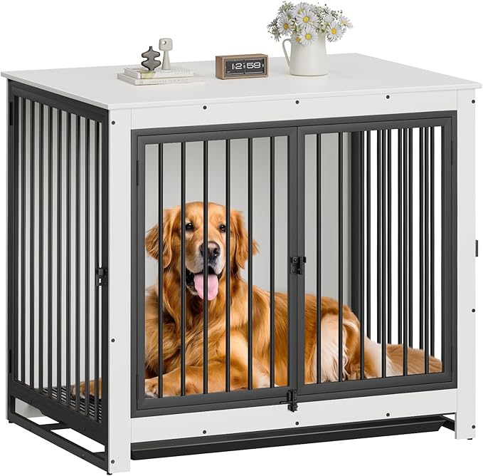 Dog Crate Furniture, Large Dog Crate Furniture, Wooden Cage Kennel Furniture Indoor, Modern Dog Crate with Multi-Purpose Removable Tray, Double-Doors Dog Furniture, End table dog crate, White