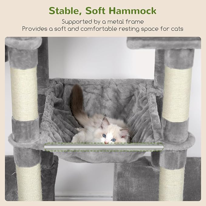 Globlazer Tall Cat Tower, 76 inch Multiple Level Cat Climbers for Indoor Cats, XL Cat Tree with 5 Scratching Posts, 2 Cat Condos, Hammock, 2 Hanging Baskets, F76B, Light Grey