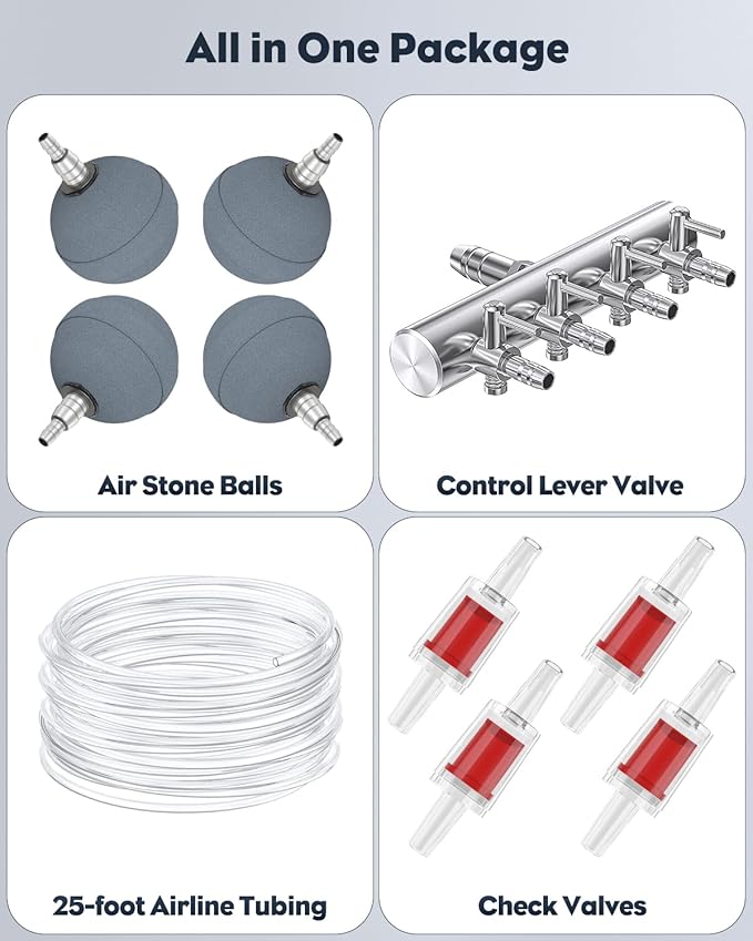 Pawfly Pond Air Pump Outdoor Oxygen Pump for Fish Koi Ponds 3000 to 10000 Gallons Adjustable Pond Garden Aerator Pump Kit with Airline Tubing Control Lever Valves Air Stones and Check Valves