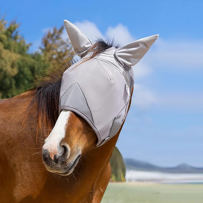 Horse Fly Mask, Adjustable Fly Masks for Horses with Ears, UV Protection from Insect Pests Comfort Mesh Without Nose Average Size Horses Accessories(Medium)