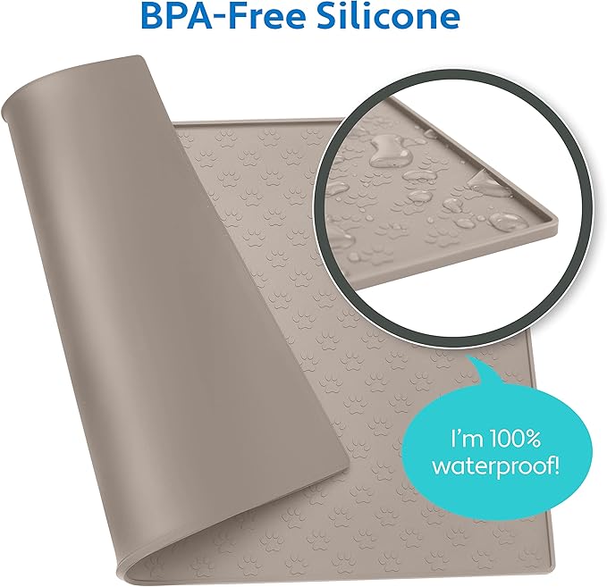 MIGHTY MONKEY 100% Waterproof Dog Food Mat, Raised Edges Silicone Pet Feeding Placemat for Cat, Dogs, Pet Bowls, High Lipped Tray Prevents Water Spills, Food on Floor, Dishwasher Safe, 24x16, Beige