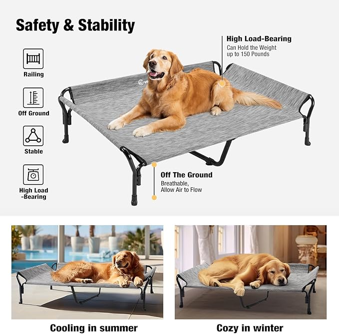Veehoo Cooling Elevated Dog Bed, XL Raised Pet Cot with Guardrail & Slope Headrest, Durable Breathable Teslin Mesh, Non-Slip Feet, Washable Dog Couch Bed for Indoor & Outdoor, X Large, Black Silver
