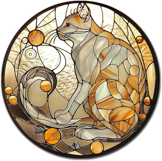 Lygond Metal Cat Toilet Decor - Circular Stained Glass Tin Sign for Club 88 Inches