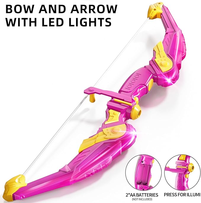 TEMI Bow and Arrow Set for Kids - Archery Toy Set - LED Light Up with Suction Cup Arrows, Target & Quiver, Indoor and Outdoor Toys for Children Boys Girls