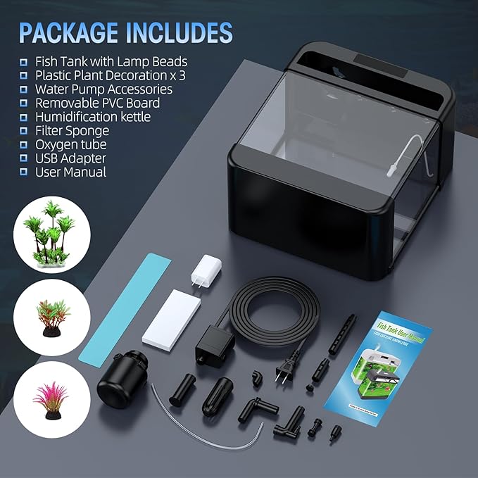 Fish Tank 2.2 Gallon Fish Bowl with Humidifier 7 Color Auto-Looping Light 3 in 1 Quiet Pump with Filteration & Oxygenation & Circulation, Temperature Display, HD Float Glass, Thickened Base