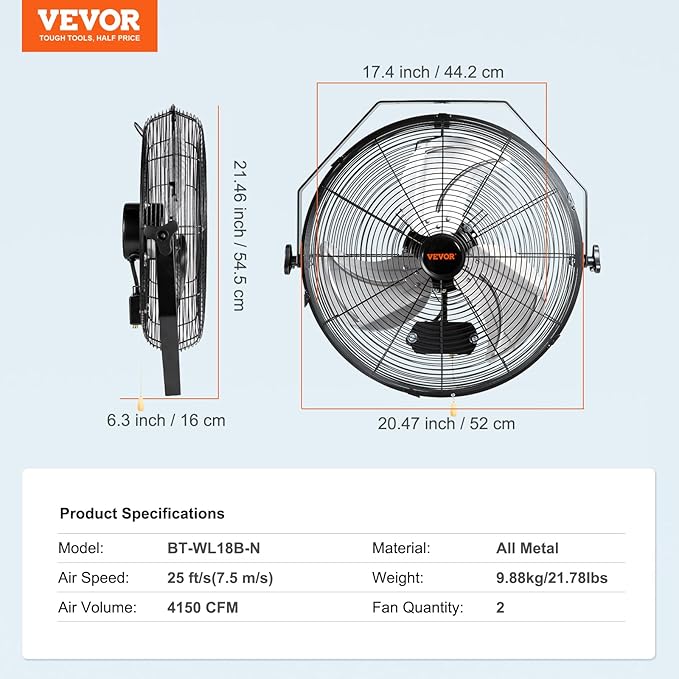 VEVOR 18 Inch Industrial Wall Mount Fan 2PCS, High Velocity 4000 CFM with 3-Speed Manual Control & 360° Tilt Adjustment, for Indoor Use, Warehouse, Workshop, Basement, and Commercial Spaces