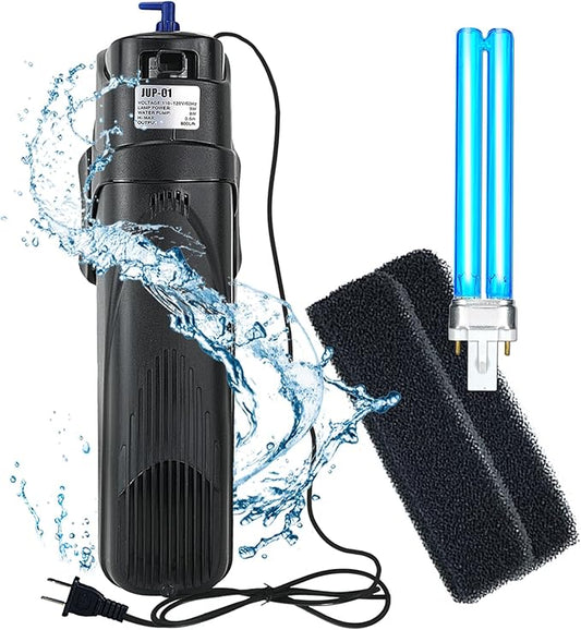 COOSPIDER Aquarium Filter Sun JUP-01 for 40-80 Gallon Tank Clear, U-V Fish Tank Green Clean Machine Submersible Pump w/ 1 Spare Bulb + 2 Replace Filter