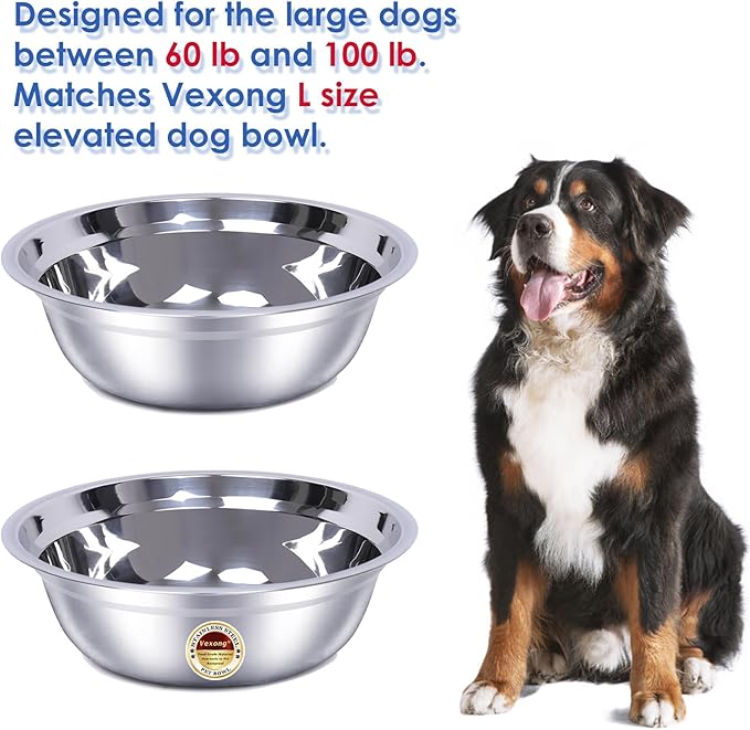 2 Pack, L Size Bowls, Matches Vexong L Size Elevated Dog Bowl Stand, for Dogs Between 60 and 100 lb, Stainless Steel Dog Bowl, Capacity 0.8 Gal / 12.5 Cup / 106 Oz / 3 Liter, Rustproof, Durable,