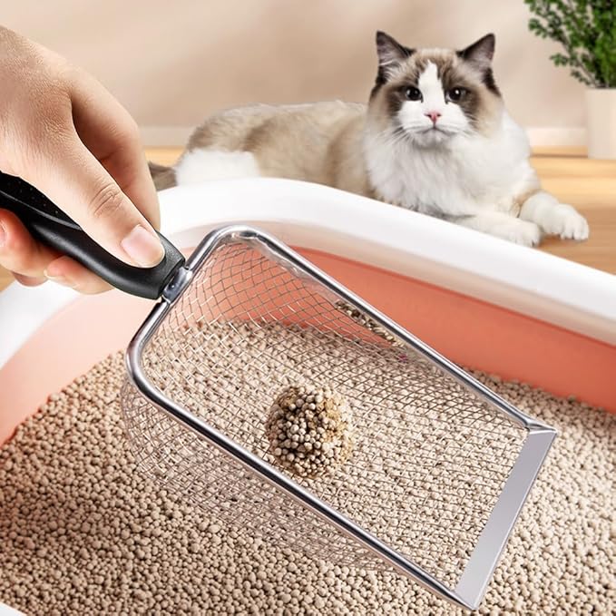 Cat Litter Scoop,Sturdy Litter Cleaner Corner Shovel,Stainless Steel Mesh Litter Shovel,Easy to Clean Reptile Terrarium Sand Waste,Beach Shovel(Black)
