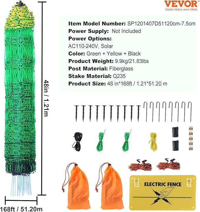 VEVOR Electric Poultry Netting, 48" H x 168' L, PE Net Fencing Kit with Posts & Double-Spiked Stakes, Utility Portable Mesh for Chickens, Ducks, Geese, Rabbits, Used in Backyards, Farms, and Ranches