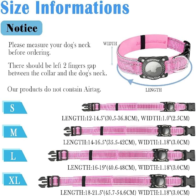 Upgraded AirTag Dog Collar, IP68 Waterproof Dog Collar with Apple Air Tag Holder, Reflective Adjustable Heavy Duty Dog Collars with Soft Padded for Small, Medium and Large Dogs,Pink, M
