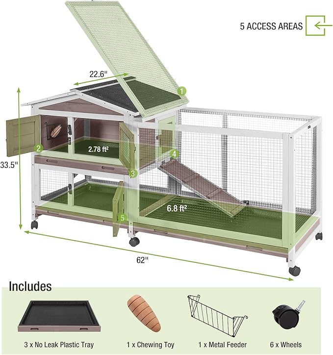 GUTINNEEN Rabbit Hutch with Chew-Resistant Ramp Indoor Bunny Cage Outdoor Guinea Pig Cage with Wheels and Leakproof Tray