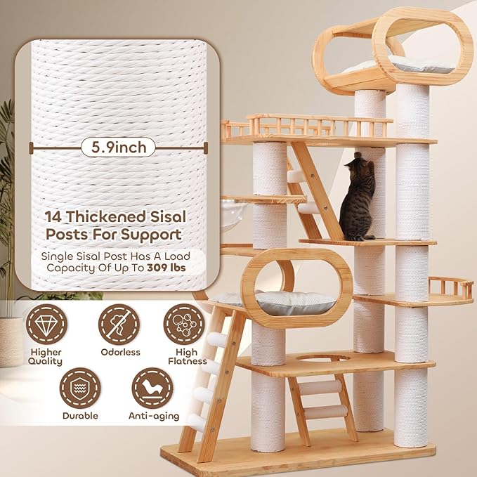 76.8'' Tall Modern Large Cat Tree,Multi-Level Wood Cat Tower for Indoor Cats Large Adults,Luxury Heavy Duty Cat Condo with Cushion,Scratching Posts,Clear Hammock Activity (76.8inch)