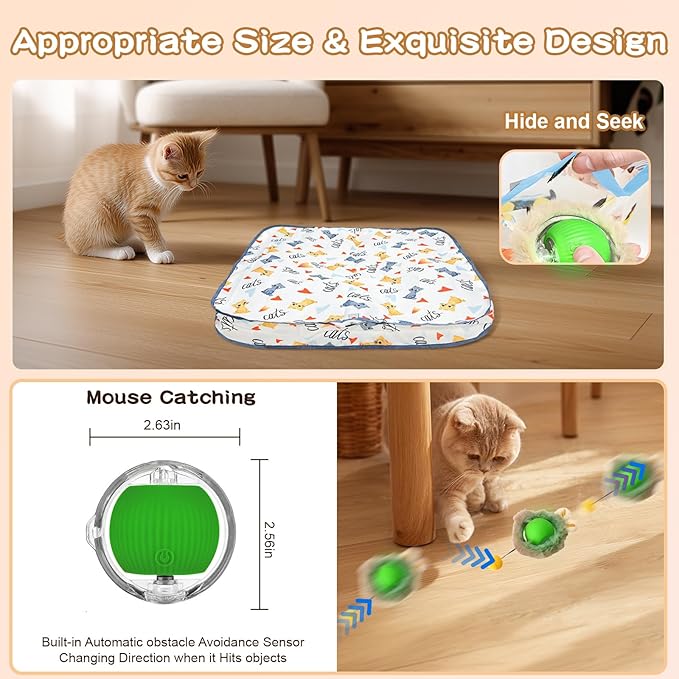 Rocfish Interactive Cat Toys Ball - Automatic Fast Rolling Ball in Play Mat, Hide and Seek Mouse Catching Game, Low-Noise Cat Enrichment Toys in Pouch for Indoor Bored Cats (Green Toy & Square Mat)