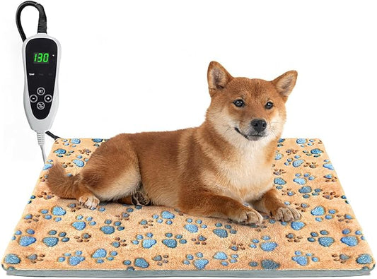 Dog Heating Pad,28×18 in Waterproof PVC Pet Heating Pad, Adjustable Thermostat+Constant On Function, Metal Protective Tube Comes with a Plush Cotton Sleeve，Whelping Box-Apricot