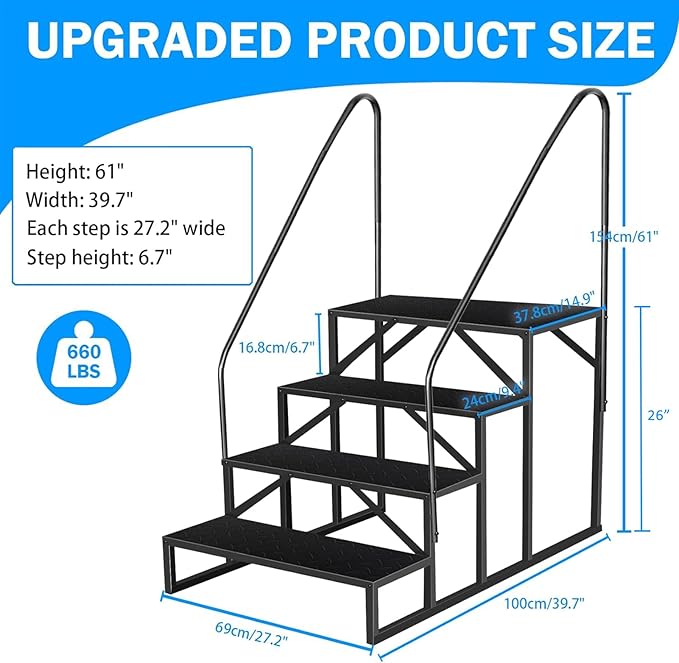 RV Step Stool, 4 Step Ladder, Hot Tub Steps with Handrail, Portable Pool Ladder, 660Lbs Heavy Duty Ladder Shelf Outdoor Mobile Home Stairs for Camper/Porch/SPA Pool/Pet Stairs(2 handrails)