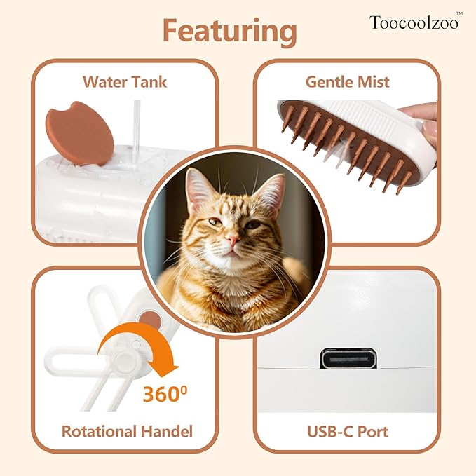 3-in-1 Cat Steam Brush, Rechargeable Cat Brush with Steam, Spritz Defur Comb for Dogs, Spritz Defur Comb for Cats (White)