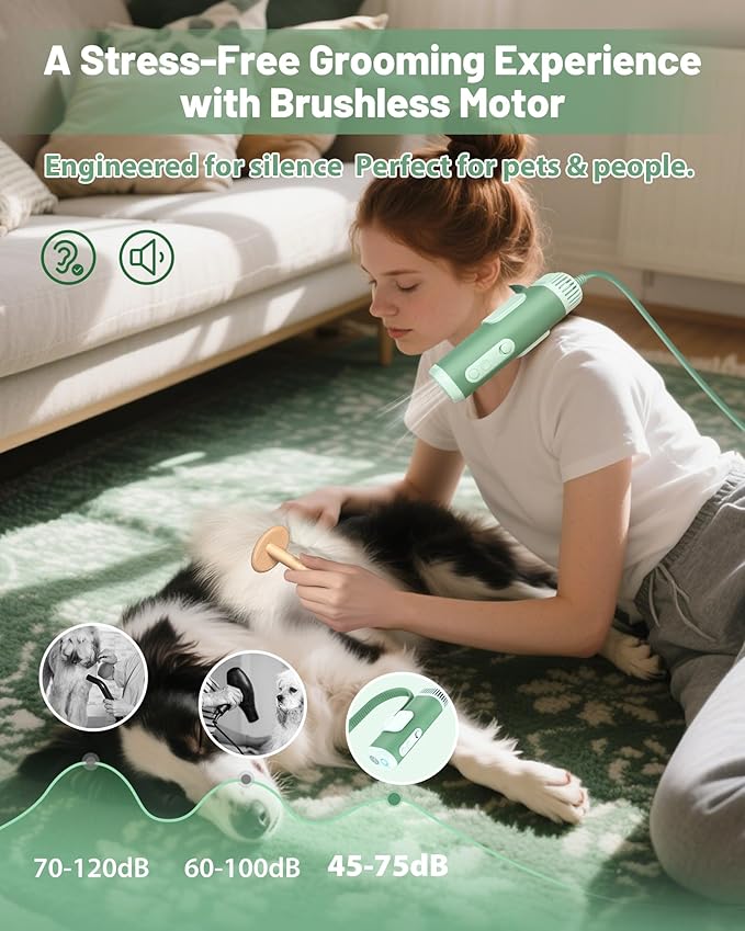 Hands-Free Dog Hair Dryer – Low Noise Pet Grooming Blower for Small & Medium Dogs Cats, Fast Drying, Adjustable Heat & Speed, Portable (Green)