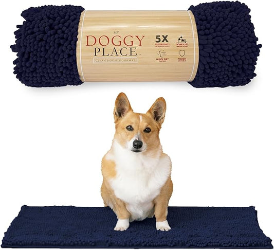 My Doggy Place Microfiber Dog Mat for Muddy Paws, 31" x 20" Navy Blue - Absorbent and Quick-Drying Dog Paw Cleaning Mat, Washer and Dryer Safe - Non-Slip Rubber Backed Dog Floor Mat, Medium