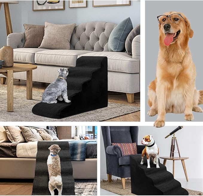 Dog Stairs&Steps for High Beds Up to 28'', 5-Step Dog Ramp for Small Medium Dogs with Washable Cover, Pet Steps for Cats to Get on Couch and Sofa, Durable Foam Ladders, 24.4" Tall, Black