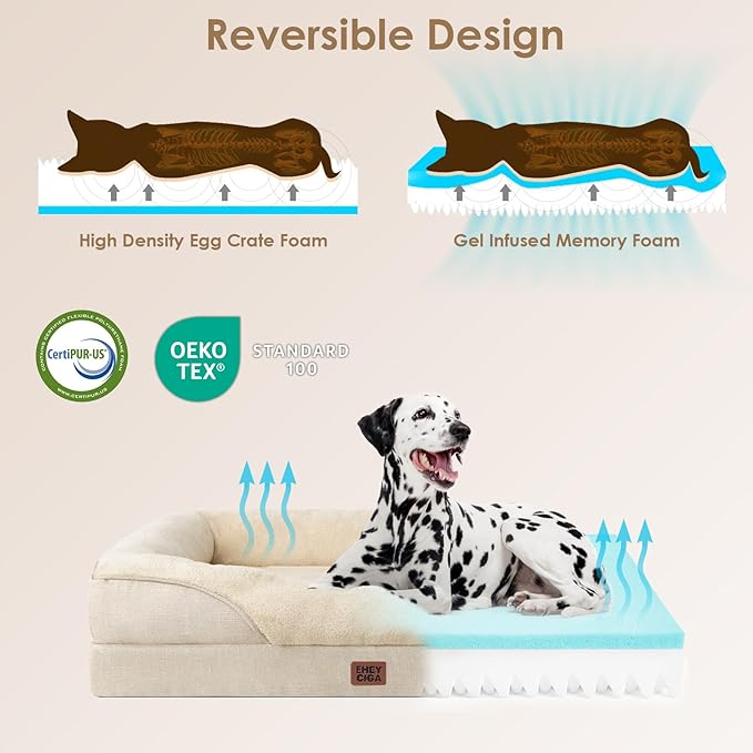 EHEYCIGA Memory Foam Dog Bed for Medium Size, Orthopedic Dog Sofa with Sides and Waterproof Liner, Washable Bolster Pet Couch with Removable Cover, 35x22x6.5 Inch, Beige
