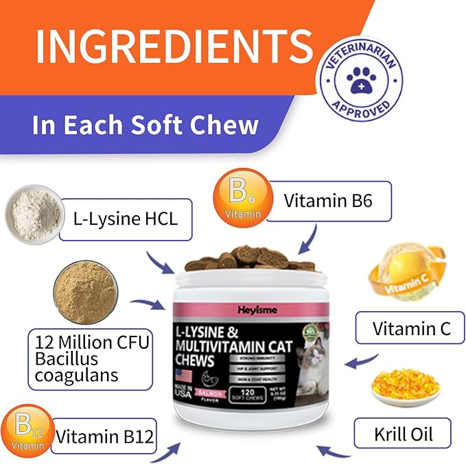 Lysine Supplement for Cats, Cat Treats for Sneezing and Runny Nose, Cat Cold, Cat Immune Support, Eye Function, and Respiratory Health, L-Lysine cat Vitamins for Cats (120 Pills, Salmon)