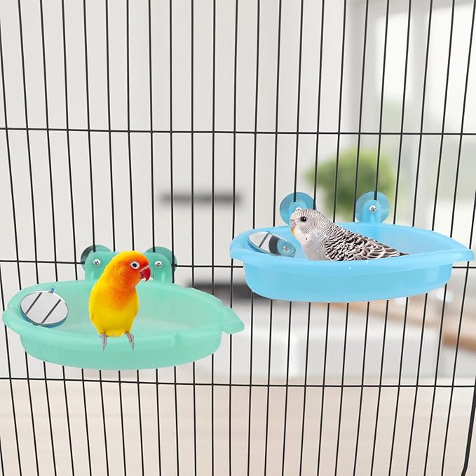 Wontee Bird Bath Box with Mirror Portable Parrot Hanging Bathroom Bathing Tub for Small Birds Cleaning Supplies (Blue(A)+Green)
