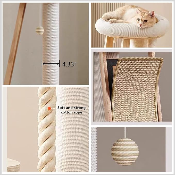 SHENGOCASE Modern Natural Wood Cute Multifunctional Cat Tree Tower Small, Large Sisal Scratching Post, Tilted Angled Ramp Scratcher, Climbing Rope Toy and Cuddle Bed