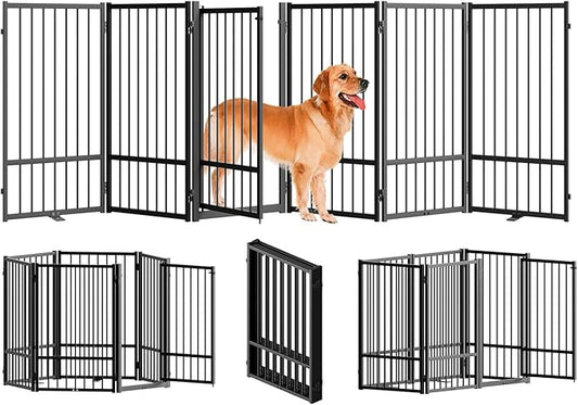 Full Metal Freestanding Dog Gate with Door, 32''Height Foldable Pet Dog Fence for Indoor & Outdoor, 6 Panels Extra Wide Free Standing TallDog Gates for Doorways,House,Stairs,Porch,Deck,Yard