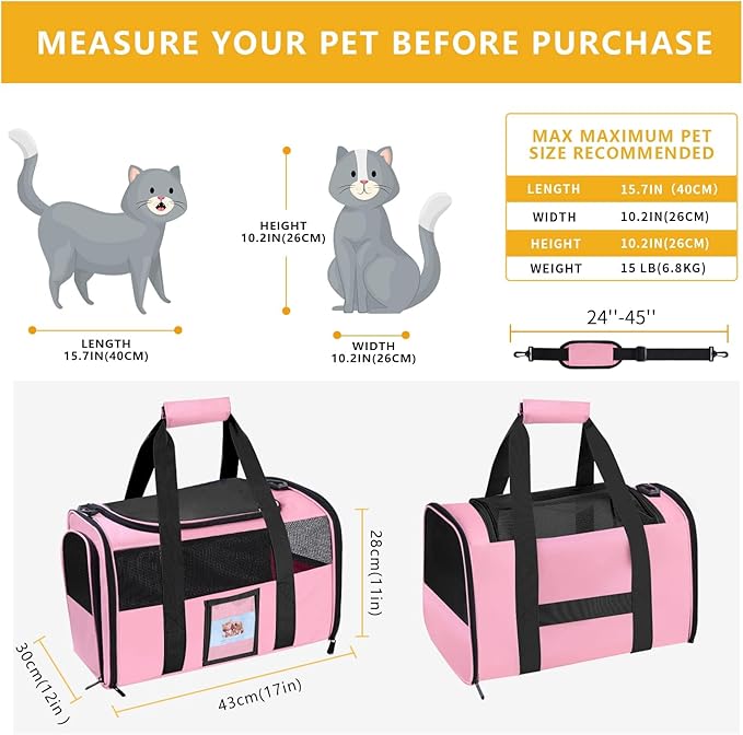 Cat Carriers Soft Side Carrier for Kitten Puppy Collapsible Travel Pet Carrier TSA Airline Approved Cat Carrier Bag for Under 15 lbs Pets, Pink