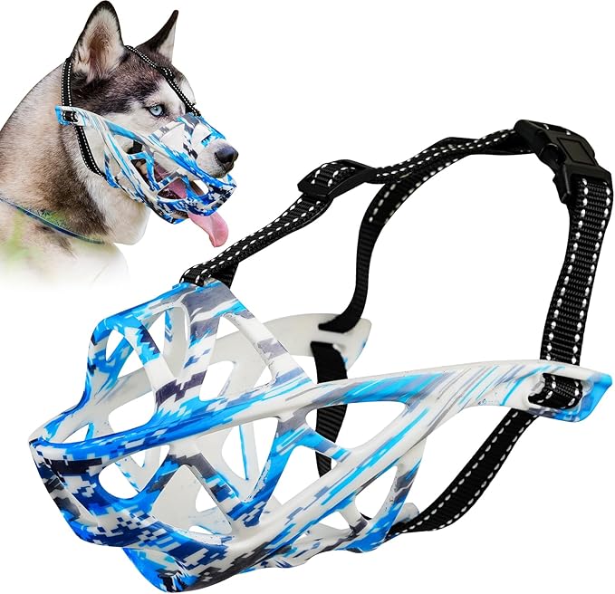 Dog Muzzle for Large Dogs, Breathable Basket Muzzles for Small, Medium and X-Large Aggressive Dog, Allows Panting Drinking, Suitable for Grooming Trimming Training (Camouflage Blue, M)