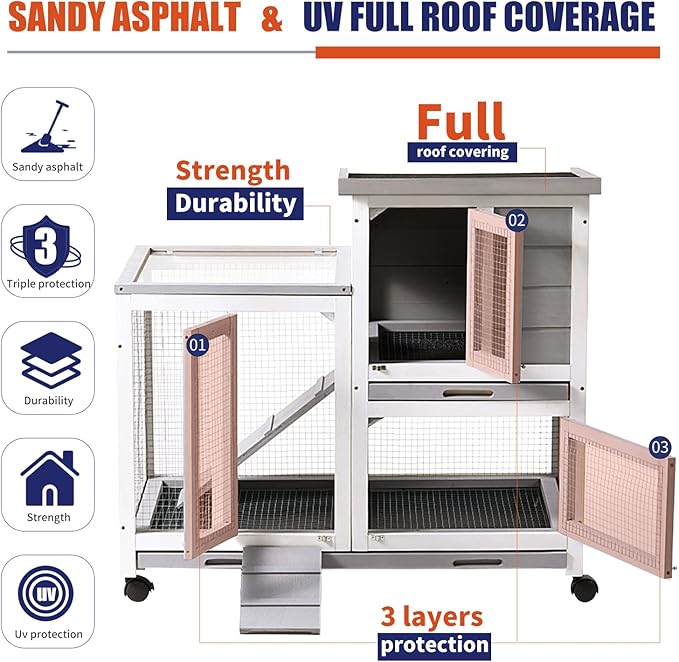 Rabbit Hutch, Indoor Rabbit Cage Two Story Bunny Hutch with Wheels Guinea Pig Cages with Removable No Leaking Tray, Ramp, Outdoor Pet House for Small Animals