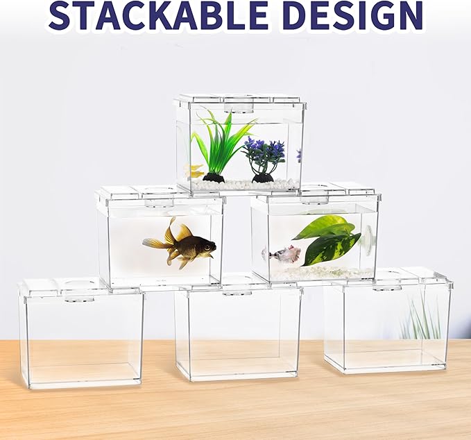 Mini Betta Fish Tank, Small Fish Bowl for Temporary Space, 0.2 Gallon Stackable Cube Tank with Artificial Plants and Gravels for Small Fish, Insect, Shrimp, Crab, Spider.(Pack-2)