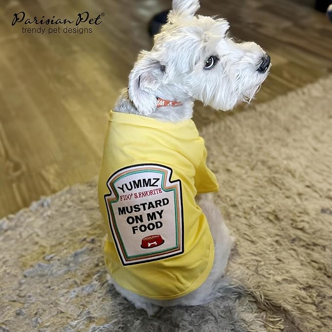 Parisian Pet Dog Shirt - Embroidered “Mustard on My Food“ - 100% Cotton and Polyester Dog Clothes - Sleeved, Lightweight Costume for Dogs - Yellow Dog Shirts for Large Dogs - Pet Costumes - 2XL