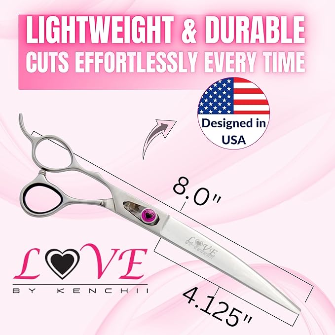Kenchii Love Dog Grooming Scissors, 8 Inch Curved Shears, Dog Scissors for Grooming, Professional Pet Grooming Scissors
