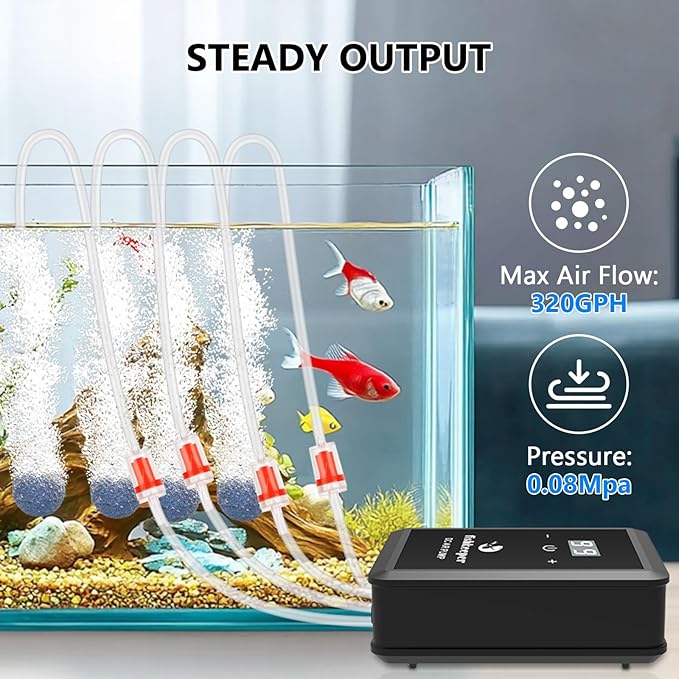 fishkeeper Aquarium Air Pump, 12W 320GPH Ultra Quiet Fish Powerful Fish Tank Air Pump with Four Outlet Adjustable Oxygen Aerator Pump with Air Stone Bubbler for 30-600 Gallon Tanks