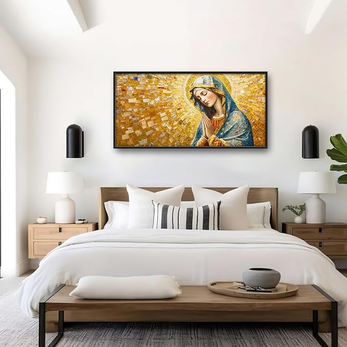 Extra Large Virgin Mary Framed Wall Art for Living Room,Oversized Golden Christian Religious Pictures Wall Decor,Canvas Print Painting Modern Artwork Bedroom Office Bathroom 60L" x 30W"