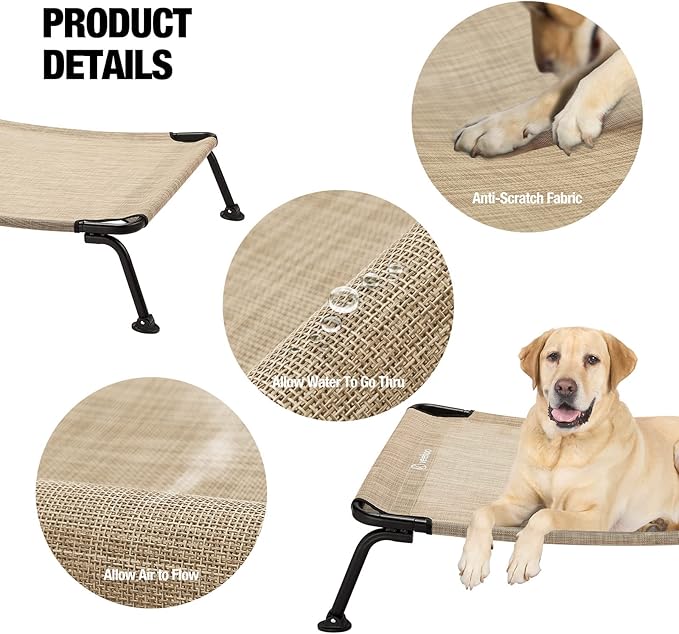 Veehoo Outdoor Elevated Dog Bed, Cooling Raised Dog Cots Beds for Medium Dogs, Portable Waterproof Curved Dogs Hammock Bed for Outside, up to 100lbs, Black Legs, Beige 32"