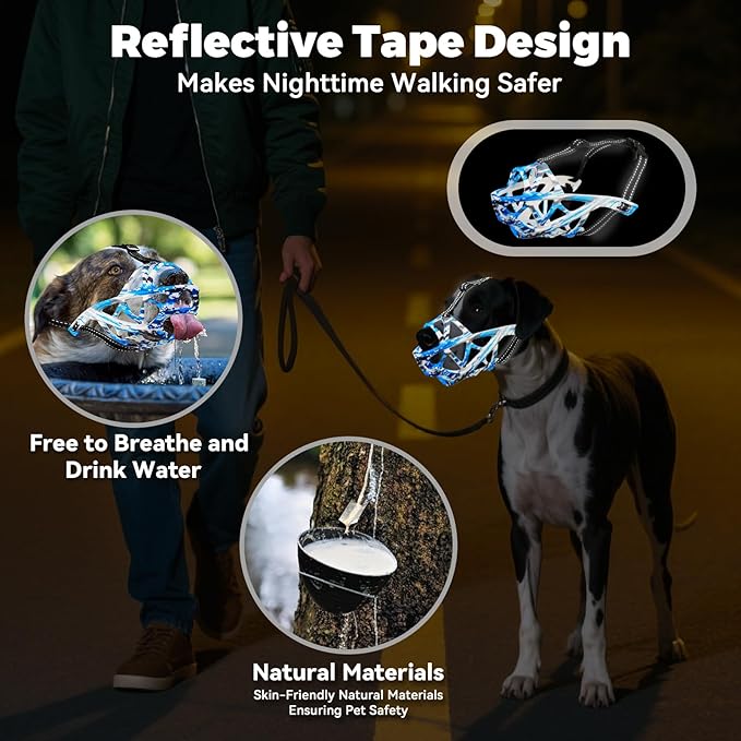 Dog Muzzle for Large Dogs, Medium and X-Large Aggressive Dog, Breathable Basket Muzzles, Suitable for Grooming Trimming Training, Allows Panting Drinking (Camouflage Blue, XL)