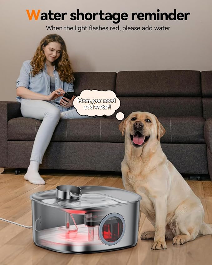 Dog Water Fountain Stainless Steel, 11L/2.8Gal Large Pet Fountain for Large Dogs Inside, Dog Fountain Water Bowl Dispenser with Visible Window & LED, Ultra Quiet for Multi-Pet (Filters)