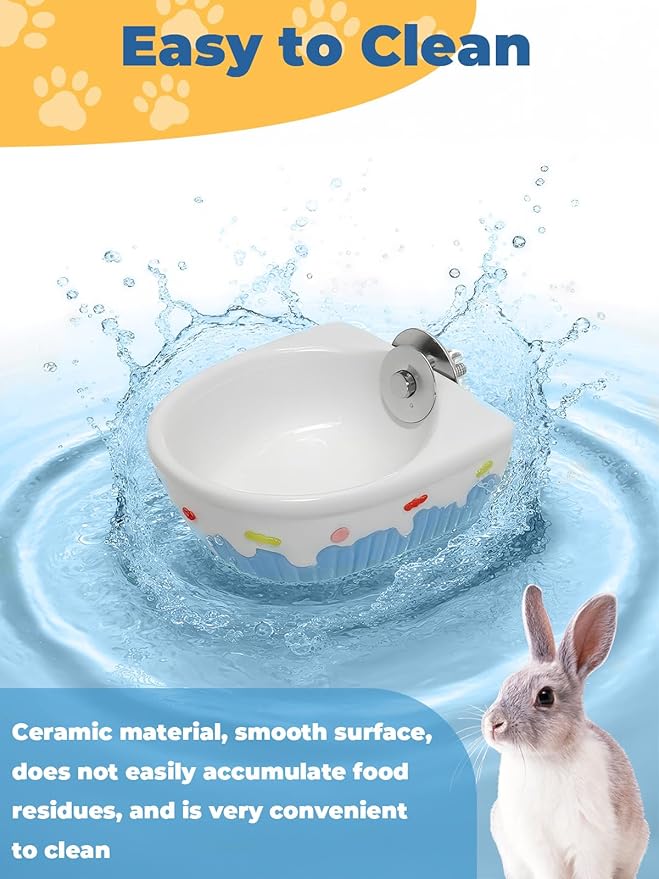 Chinchilla Food Bowl Ceramic Guinea Pig Cage Feeder Hanging Bunny Food Dish Small Animal Feeding Bowls for Syrian Hamster Ferret Gerbils (Blue)